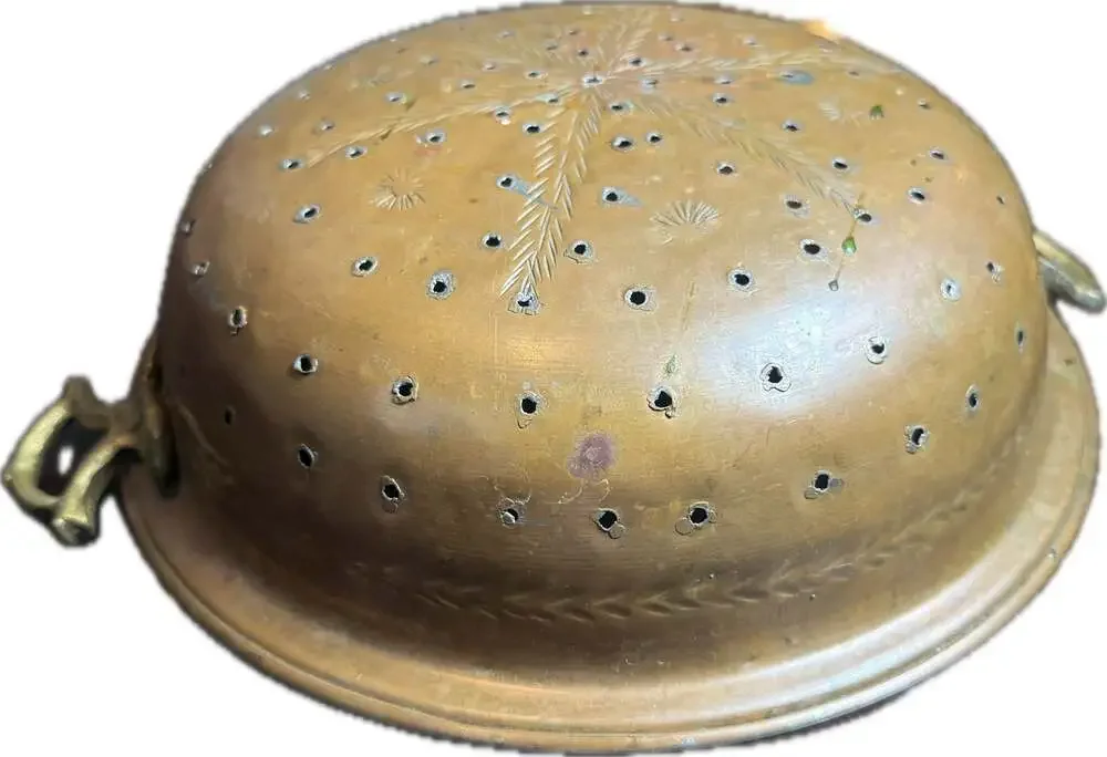 Antique French Style Tin Lined Copper Colander Brass Handles Stamped Star Design